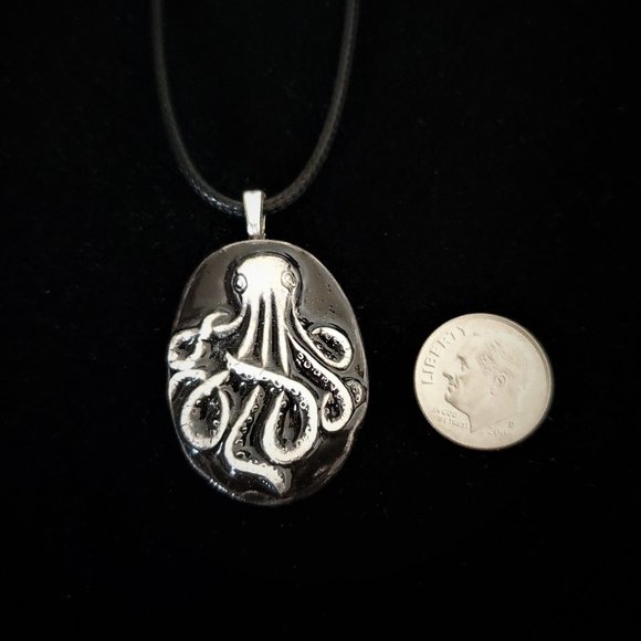 Handmade Ceramic Black Octopus Kraken Pendant Necklace - Picture 10 of 14